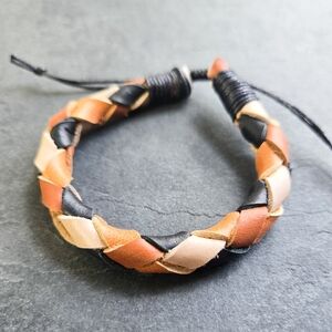 NWT Handmade Reclaimed Leather Braided Bracelet, Black, Brown, Tan, & Cream